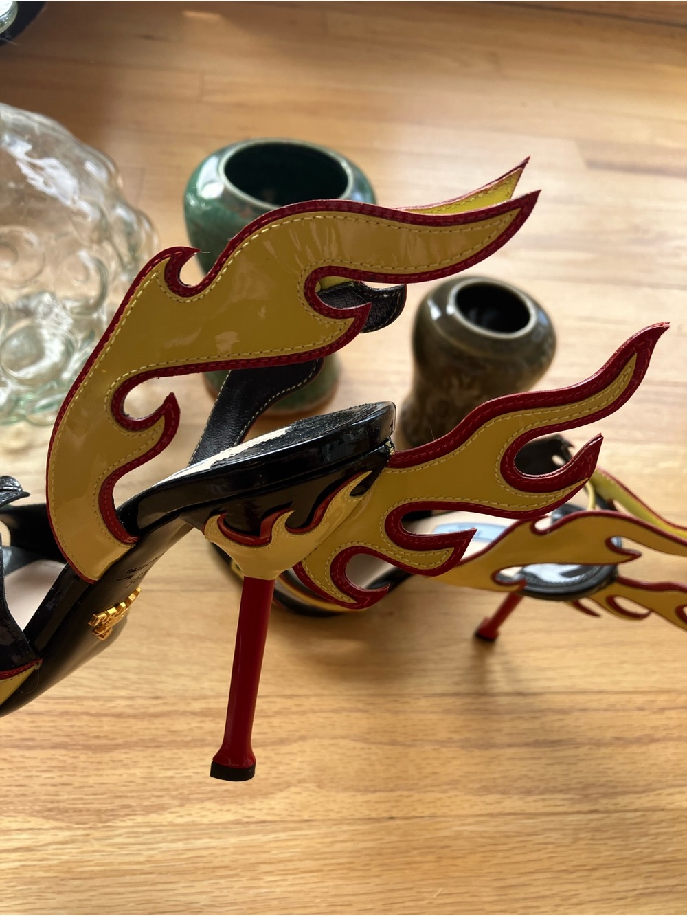 Iconic Prada Hot Rod Flames Heels SS 2012 Yellow With Roses Like New 36.5/6.5 - Picture 4 of 14